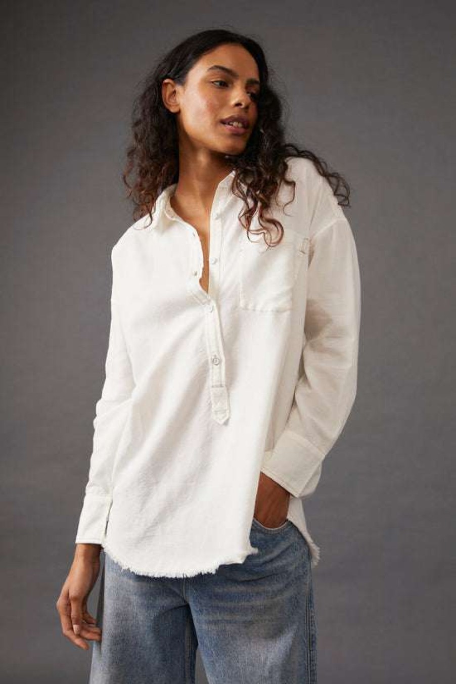 Clothing * | Particular Free People: Smock Oxford Shirt White Combo