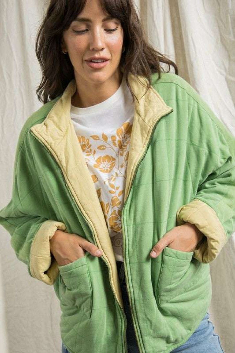 Clothing * | Especial Nice Side Reversible Quilted Jacket Kelly Green/Yellow