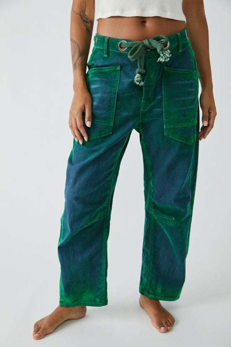 Clothing * | Unique Free People: Moxie Flocked Pull-On Barrel Pants Kelly Green