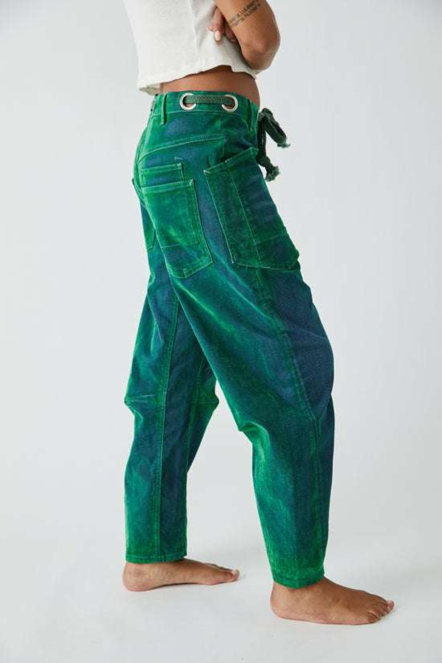 Clothing * | Unique Free People: Moxie Flocked Pull-On Barrel Pants Kelly Green