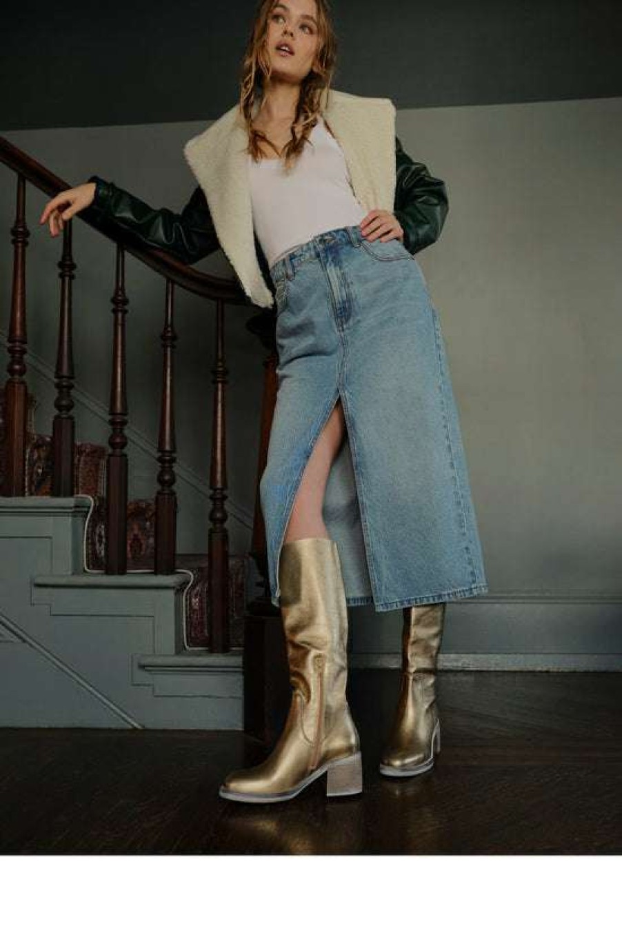 Shoes * | Diaphanous Free People: Essential Tall Slouch Boot Metallic Gold