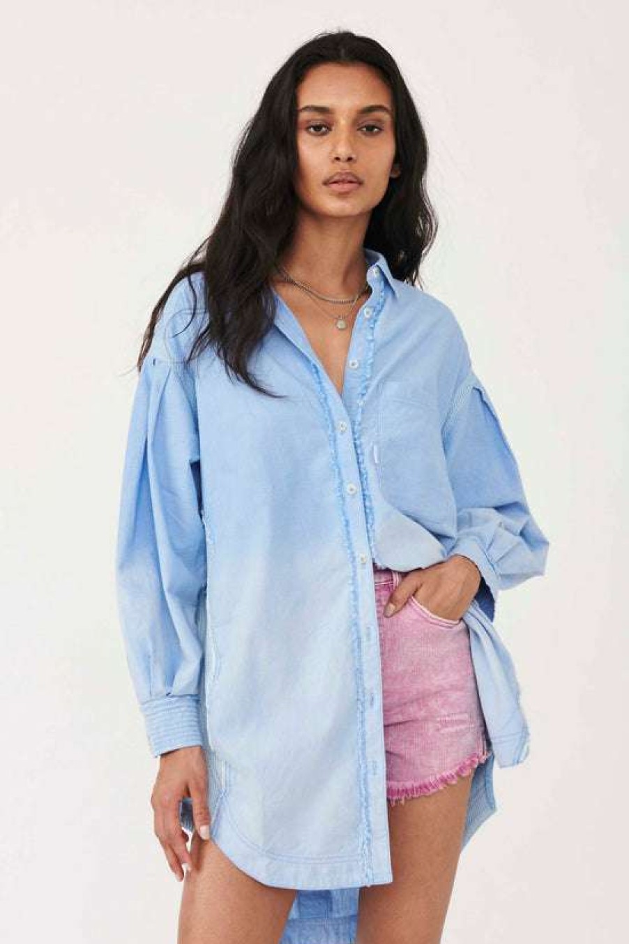 Clothing * | Unique Free People: Cool & Clean Button Down Blue Arrow