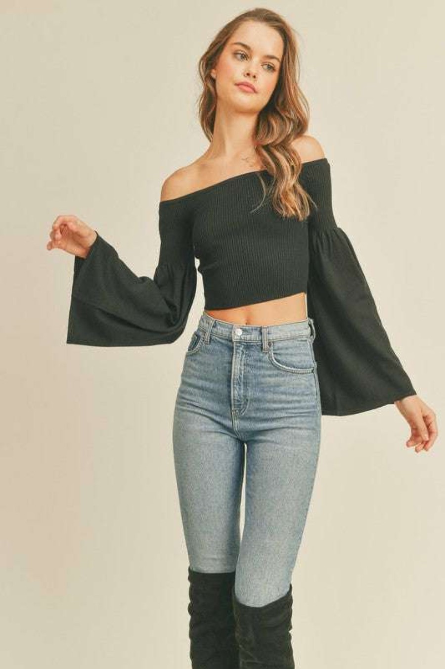 Clothing * | Unique Emma Off-The-Shoulder Sweater Crop Black