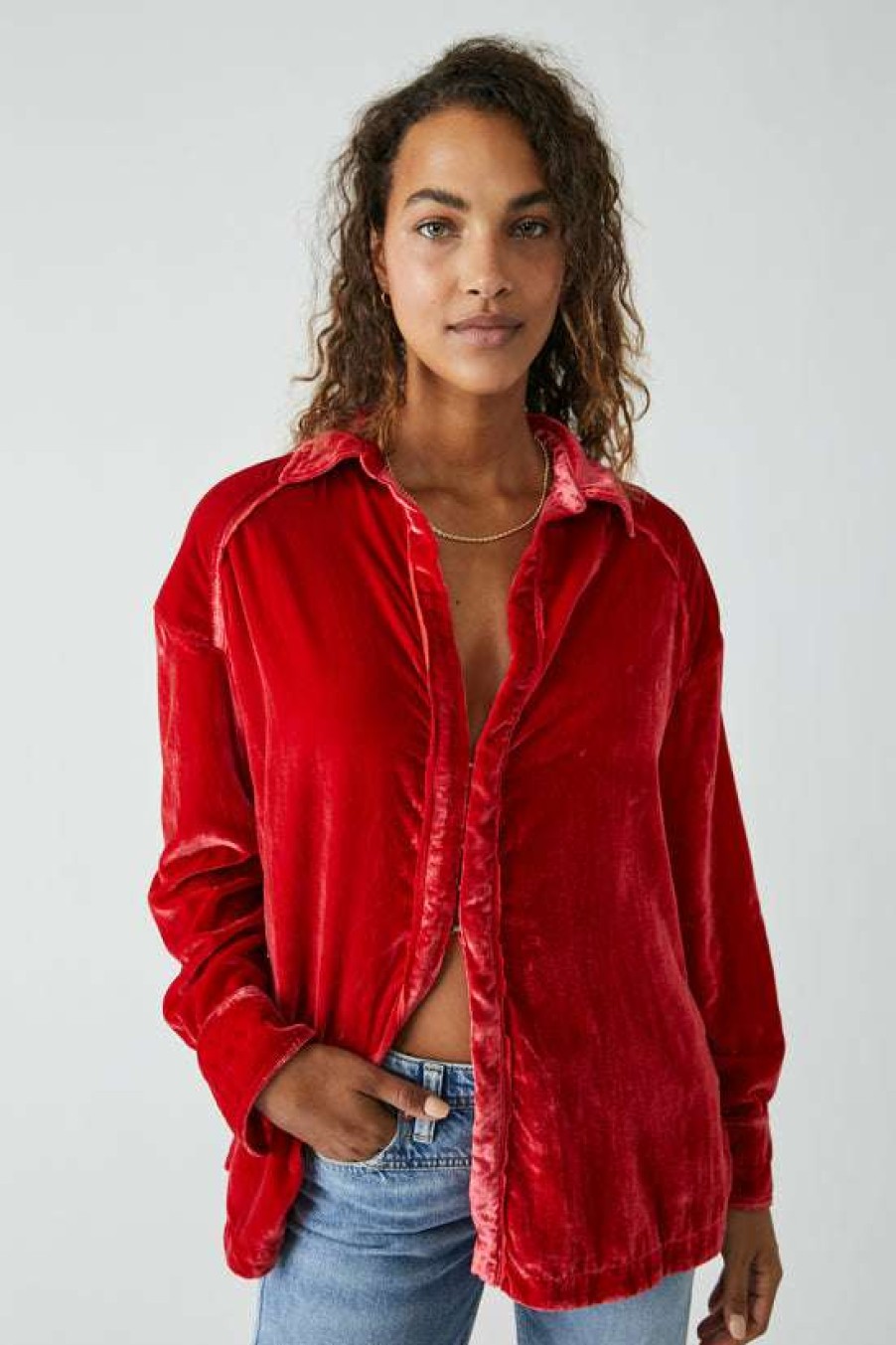 Clothing * | Fine Free People: Marianne Velvet Shirt Fiery Red