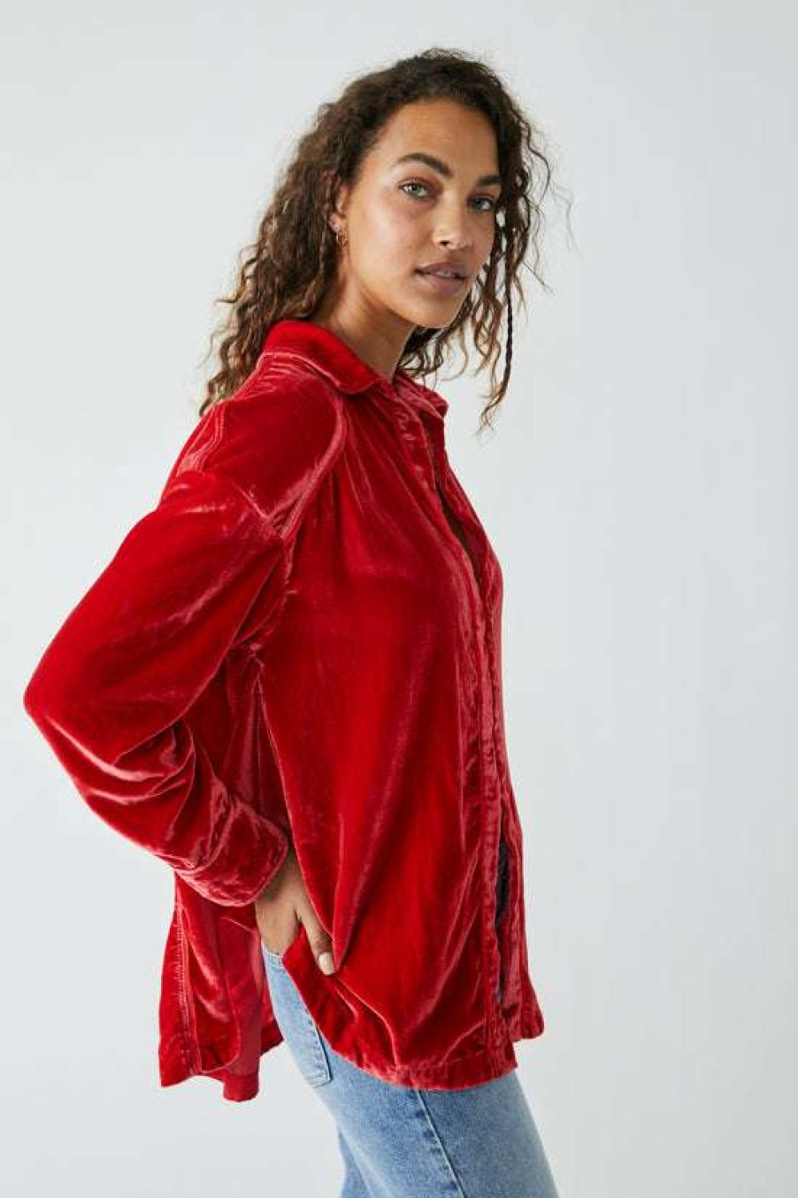 Clothing * | Fine Free People: Marianne Velvet Shirt Fiery Red