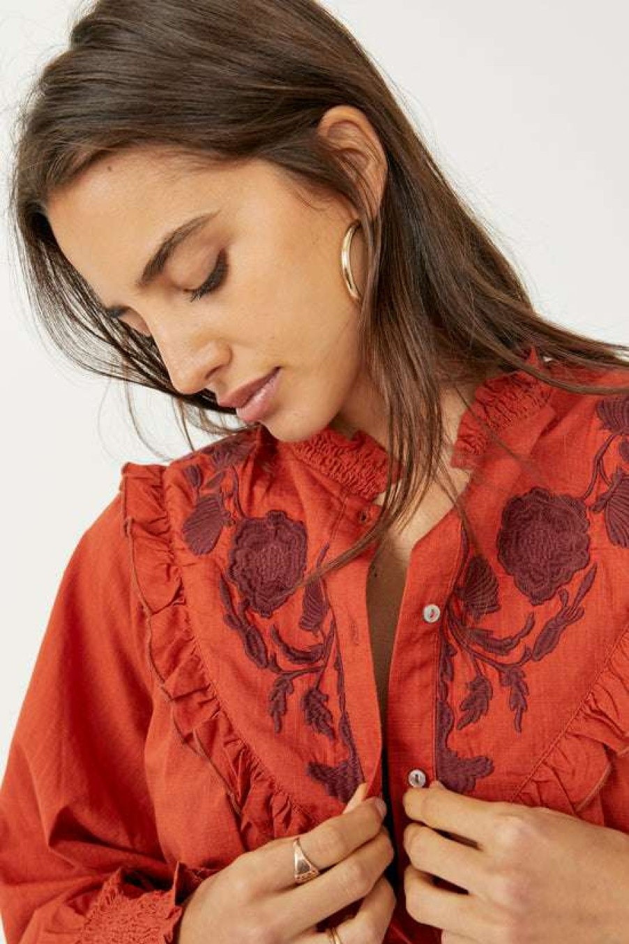 Clothing * | Comely Free People: Rose Vines Embroidered Top Iron