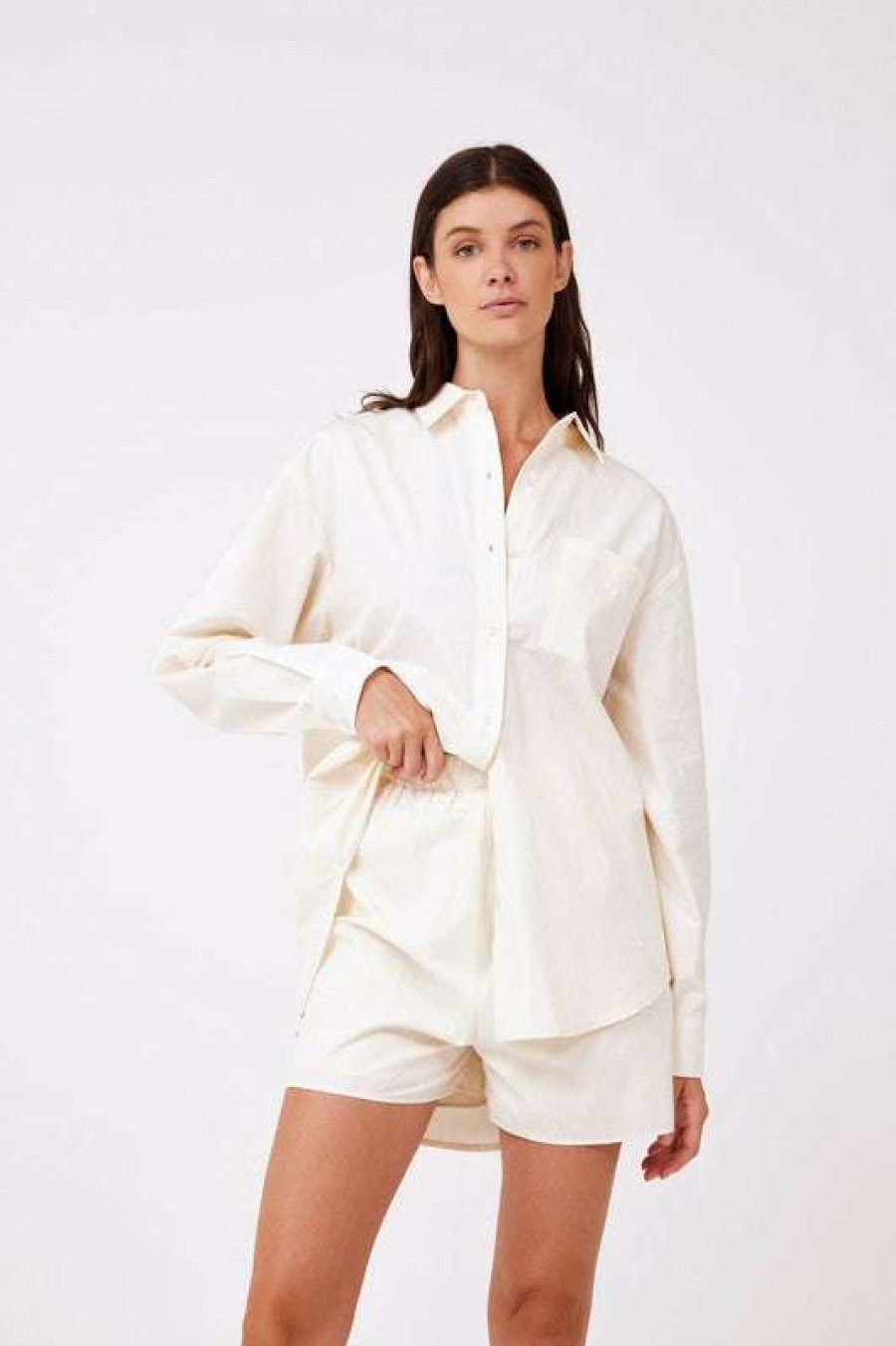 Clothing * | Unique Essence Poplin Shirt Oyster