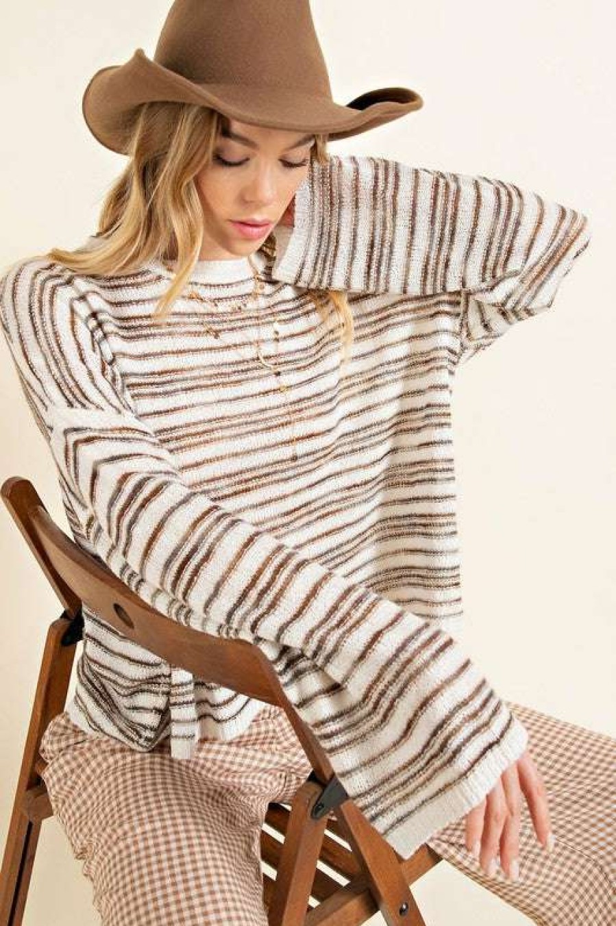 Clothing * | Especial Sunday Drive Striped Sweater Grey/Mocha