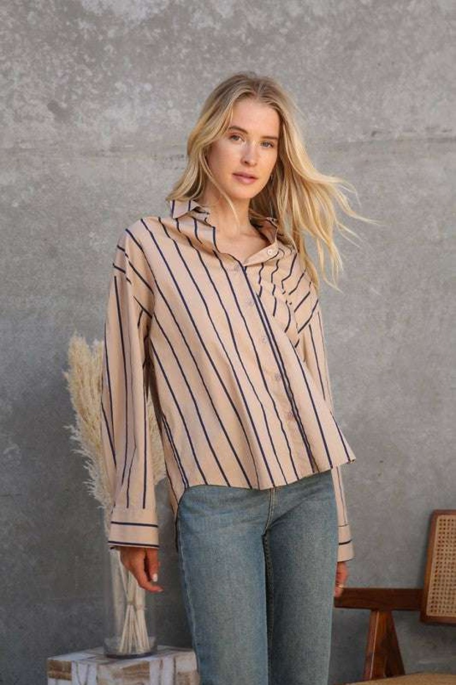 Clothing * | Comely Preppy Pinstripe Top Taupe/Navy