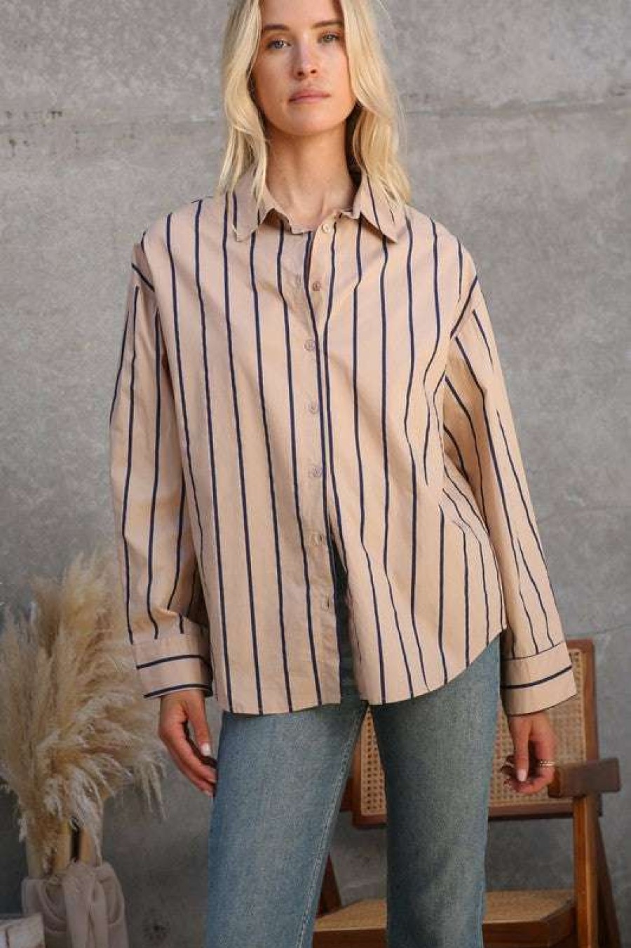 Clothing * | Comely Preppy Pinstripe Top Taupe/Navy