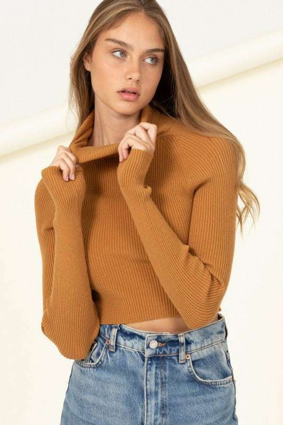 Clothing * | Beautiful Bond Cropped Turtleneck Brown Sugar