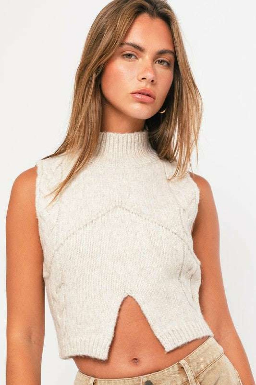 Clothing * | Fine Mitchell Mock Neck Crop Sweater Oatmeal