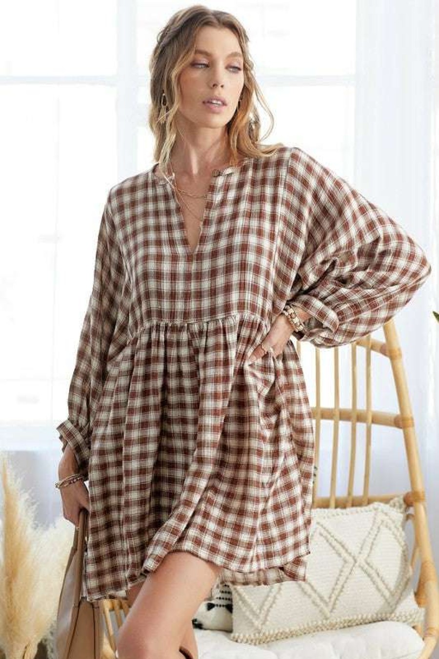 Clothing * | Unordinary Hickory Plaid Tunic Brown/Ecru