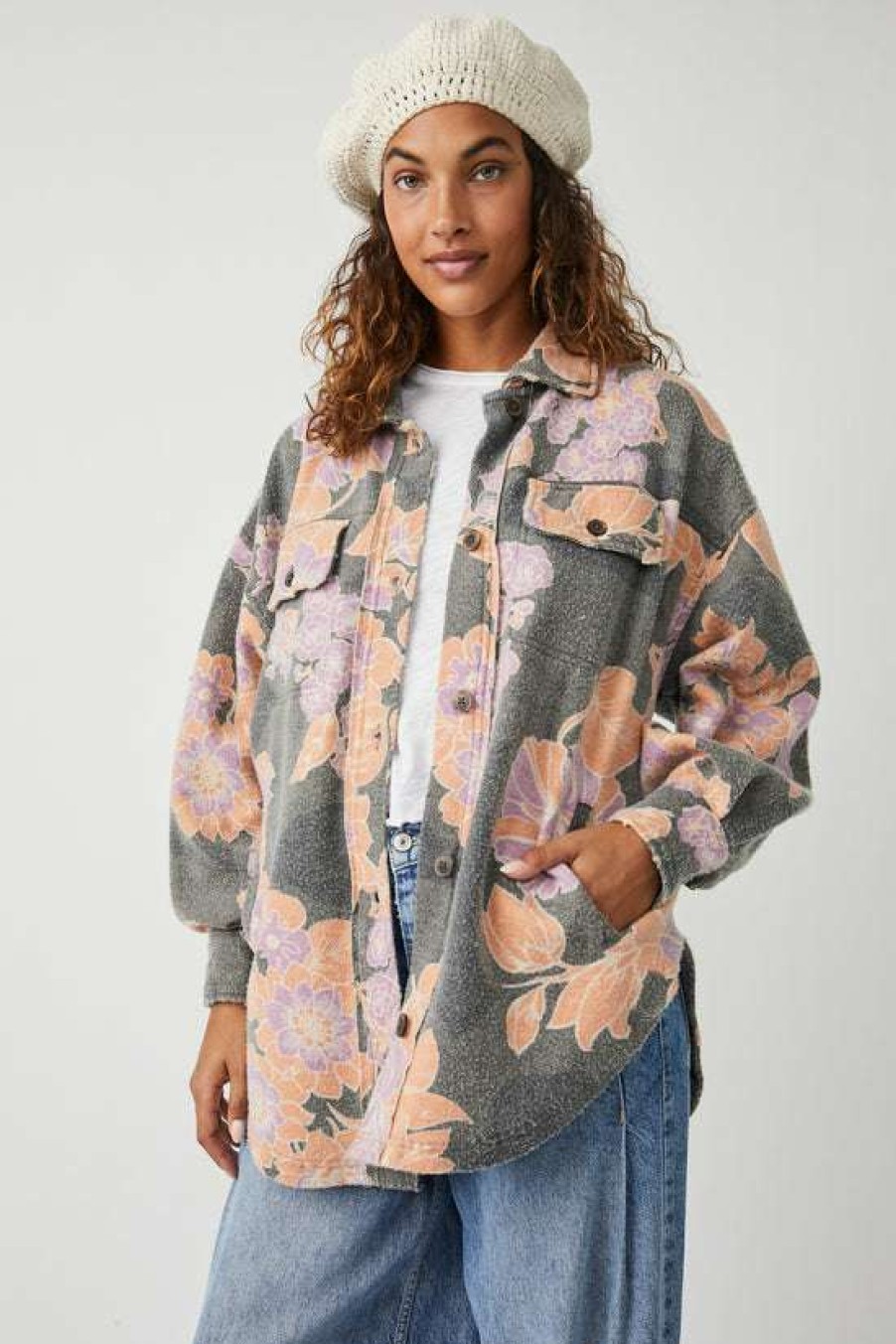 Clothing * | Fair Free People: Printed Ruby Jacket Charcoal Combo