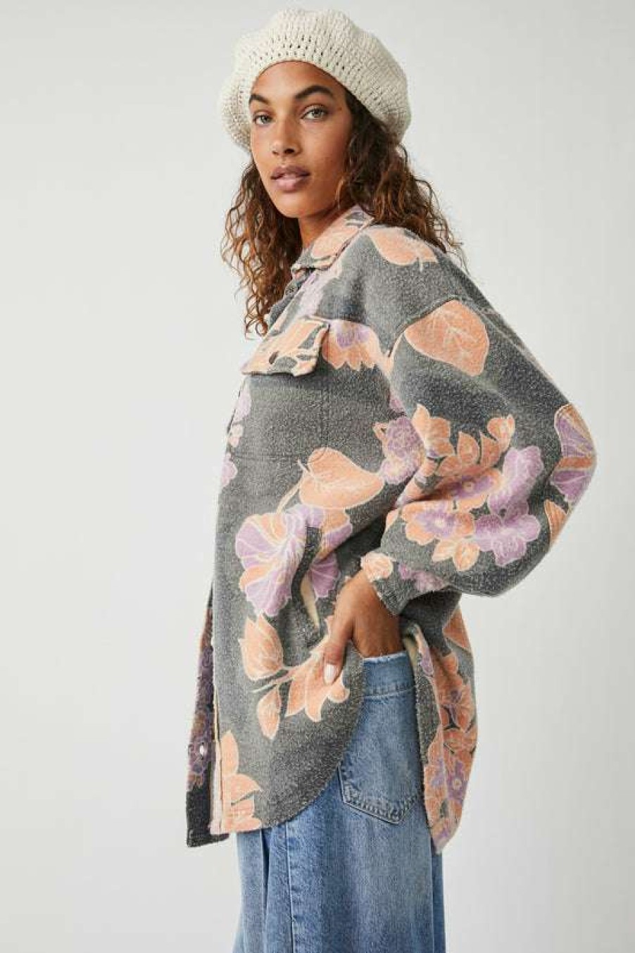 Clothing * | Fair Free People: Printed Ruby Jacket Charcoal Combo