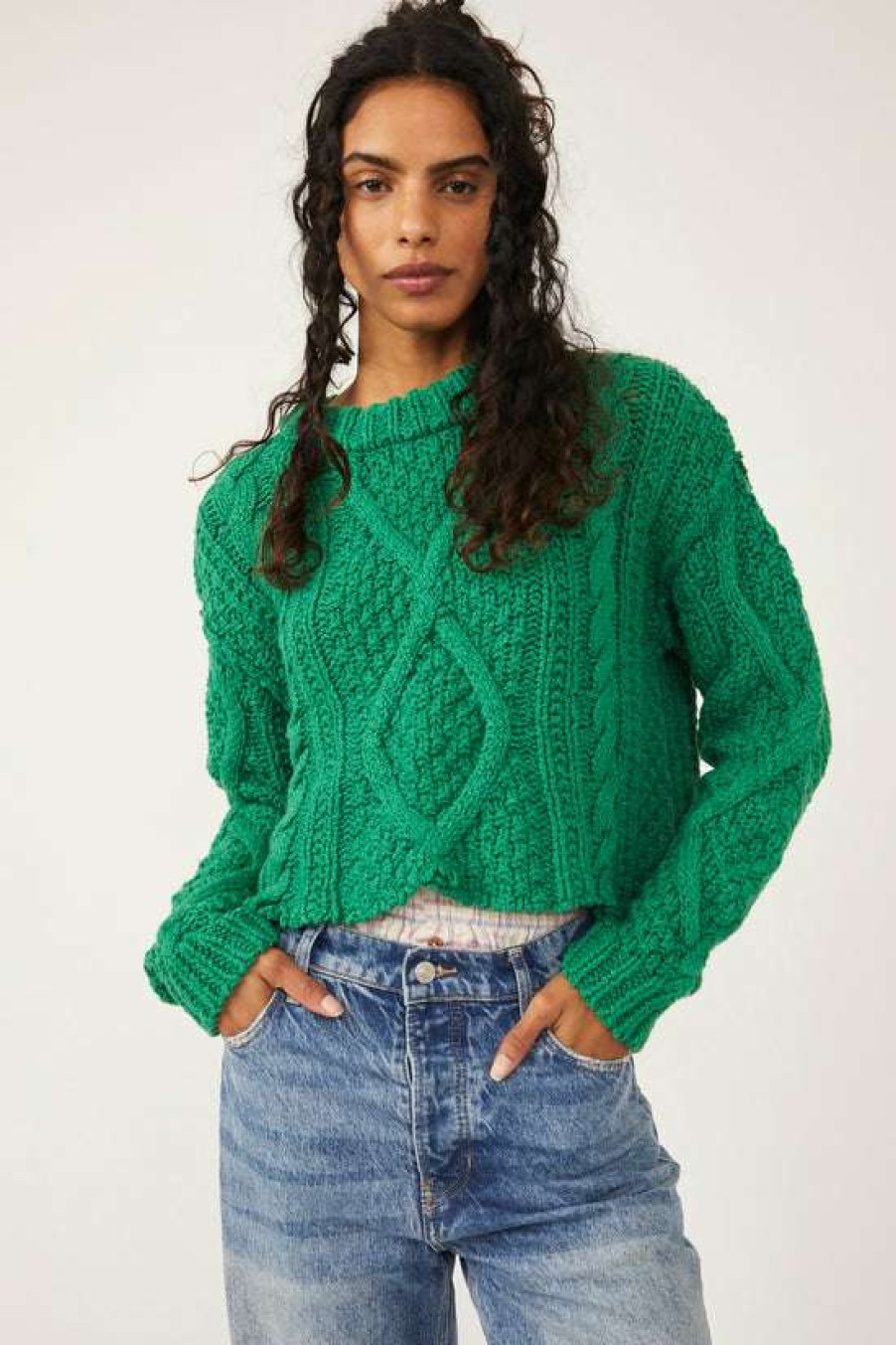 Clothing * | Fair Free People: Cutting Edge Cable Pullover Green Bee