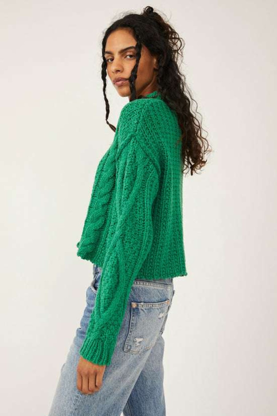 Clothing * | Fair Free People: Cutting Edge Cable Pullover Green Bee