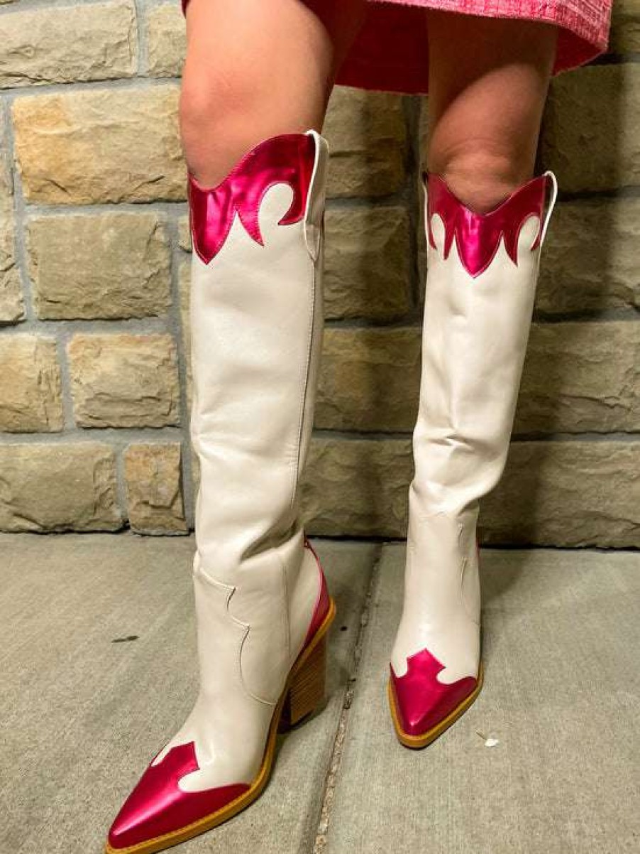 Shoes * | Beautiful Billini: Sayuri Cowboy Boot Ivory/Raspberry Metallic