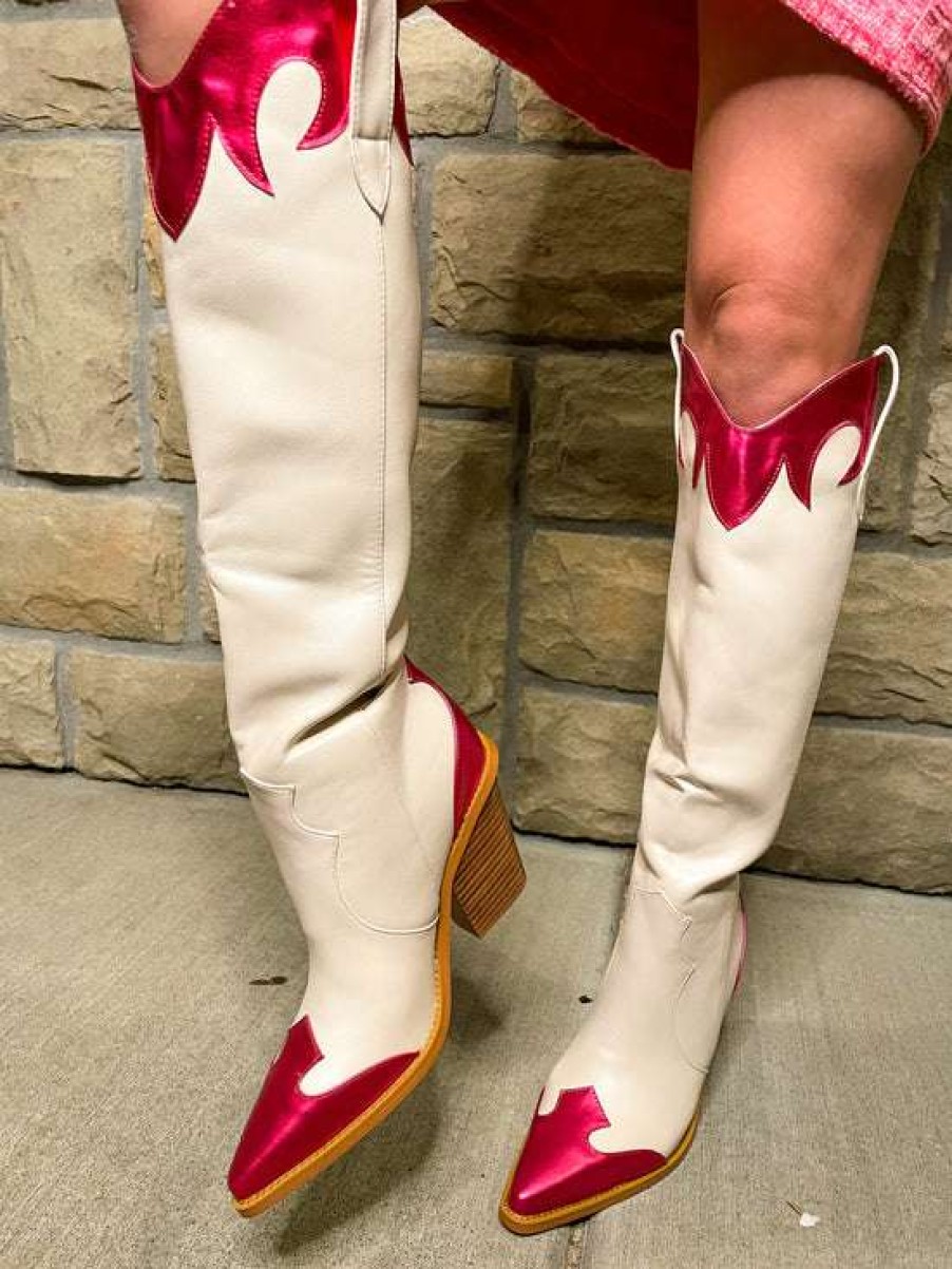 Shoes * | Beautiful Billini: Sayuri Cowboy Boot Ivory/Raspberry Metallic