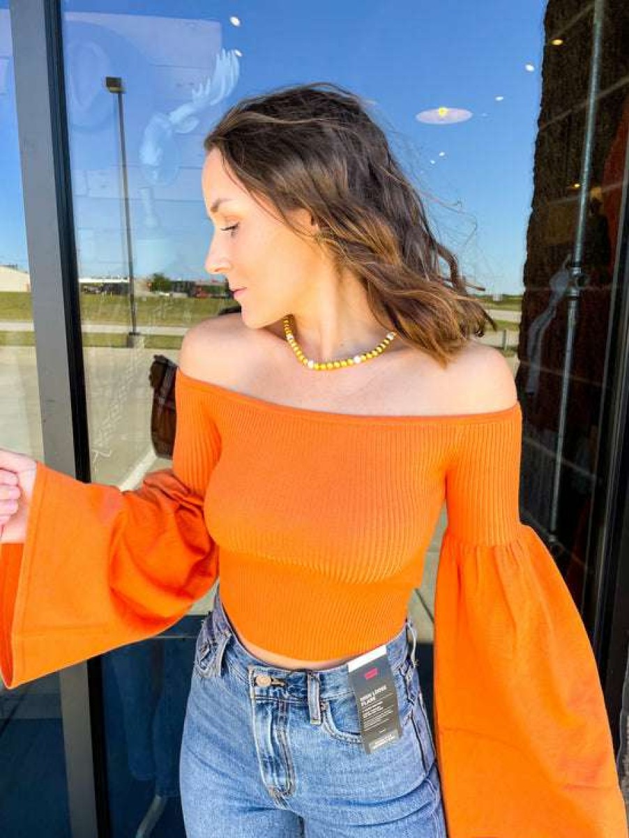 Clothing * | Fine Emma Off-The-Shoulder Sweater Crop Tangerine