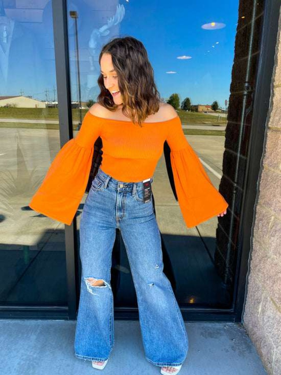 Clothing * | Fine Emma Off-The-Shoulder Sweater Crop Tangerine